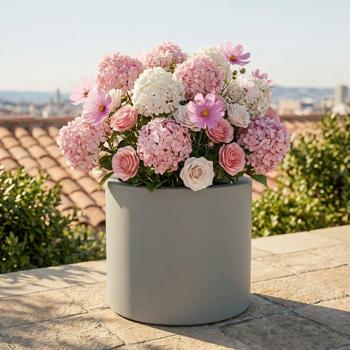 Pot de fleurs rond moderne Ø38 cm gris béton, bac à plantes 19L en plastique pour intérieur & extérieur, résistant au gel & aux UV, léger