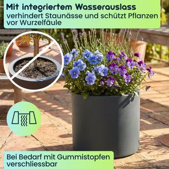 Preview: Moderner Blumentopf Rund Ø38cm in Anthrazit, Pflanzkübel 19L aus Kunststoff für Innen & Aussen, Frostsicher & UV-Beständig, Leichtgewicht