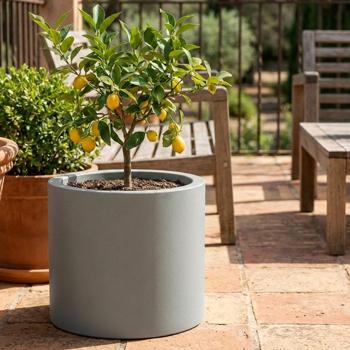 Pot de fleurs rond moderne Ø47 cm gris béton, bac à plantes 40L en plastique pour intérieur & extérieur, résistant au gel & aux UV, léger