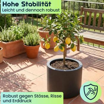 Preview: Moderner Blumentopf Rund Ø47cm in Anthrazit, Pflanzkübel 40L aus Kunststoff für Innen & Aussen, Frostsicher & UV-Beständig, Leichtgewicht