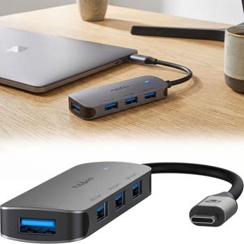 Premium USB-C Hub auf 4x USB-A 3.2 Gen 1 Adapter, schnelle 5 Gbit/s Superspeed Datenübertragung, graues & kompaktes Aluminiumgehäuse