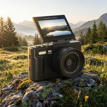 Fotocamera digitale 5K WiFi compatta con zoom 18x, risoluzione foto 75 MP e display ribaltabile a 180° – ideale per vlogging su YouTube e live streaming