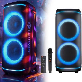 Bluetooth-Partylautsprecher 200W RMS: Musikbox mit LED-Lichtshow, TWS, Akku, Rollen, Mikrofon & Fernbedienung - IPX4 Spritzwasserschutz