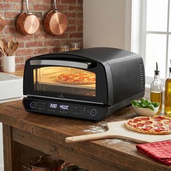 Pizzaofen elektrisch 450°C mit Pizzastein, 2200W Indoor Ofen für 33cm Pizza, Touch-Display, 10 Funktionen, inkl. Pizzaheber & Backblech, Schwarz