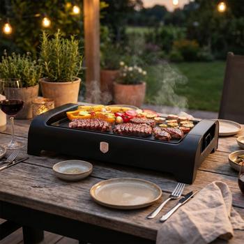 Electric table grill 1500 W black with non-stick grill plate: stepless thermostat, ideal for low-fat grilling, compact, elegant, easy to clean