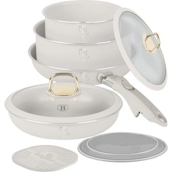 Preview: 9-piece stackable cookware set with removable handle: non-stick, induction compatible, elegant matte cream design, robust