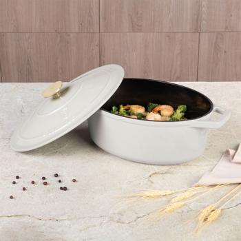 Preview: Brasiera ovale Ø30 cm in ghisa, pentola da stufato adatta all’induzione: Elegante tegame & casseruola per stufare, arrostire e cuocere al forno, color crema