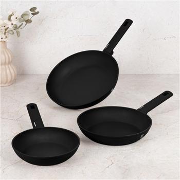 Preview: Elegante set di 3 padelle in alluminio nero opaco – set di padelle antiaderenti di alta qualità, facile da pulire per la cucina moderna
