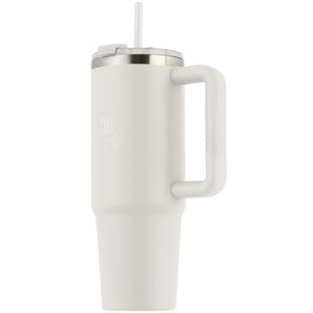 Preview: Insulated mug 1 litre stainless steel with 30 cm straw, matte cream – modern thermal mug for coffee, iced tea and more – keeps drinks hot or ice‑cold for hours