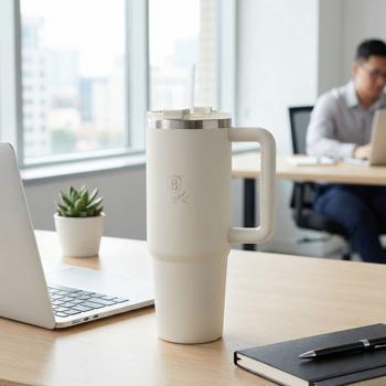 Insulated mug 1 litre stainless steel with 30 cm straw, matte cream – modern thermal mug for coffee, iced tea and more – keeps drinks hot or ice‑cold for hours