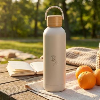 0.5-litre stainless-steel thermal bottle with bamboo lid – elegant matte insulated bottle, ideal for hot and cold drinks on the go