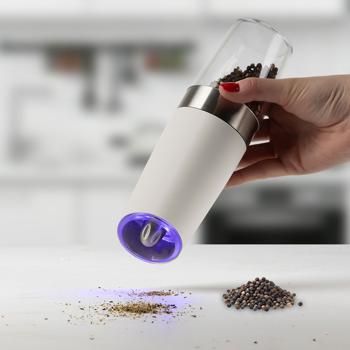 Preview: Elektrisches Salz- und Pfeffermühlen-Set 2-teilig: automatischer Start beim Umdrehen, LED-Licht, Keramikmahlwerk, einstellbar, Mattcreme