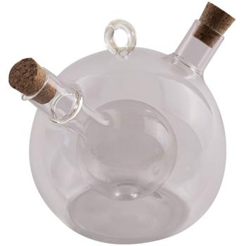 Preview: Elegant 2-in-1 glass oil and vinegar dispenser – spherical shape with cork stoppers – 350 ml & 50 ml combined vinegar oil bottle – designer cruet set for refilling