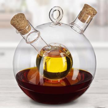Elegant 2-in-1 glass oil and vinegar dispenser – spherical shape with cork stoppers – 350 ml & 50 ml combined vinegar oil bottle – designer cruet set for refilling
