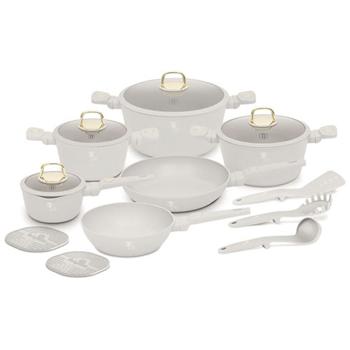 Preview: Set di pentole design di alta qualità con rivestimento antiaderente TitanPro incl. utensili da cucina, sottopentola, coperchi in vetro, manici soft‑touch, 15 pezzi, Sahara / beige