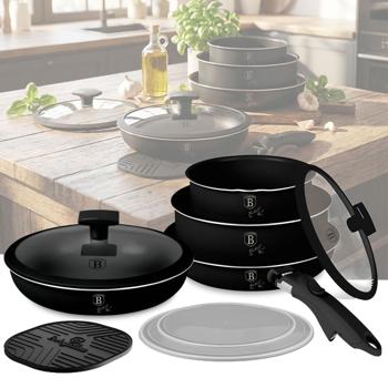 Elegant pan & pot set with universal Click-It handle, 10 pcs, titanium non-stick coating, matt black, PFOA-free, glass lids with strainer & trivet