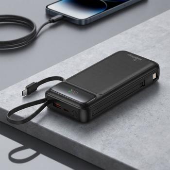 20,000mAh power bank with integrated cables, USB‑C PD & Quick Charge, fast‑charging external battery, LCD display, ideal for travel & everyday use, black