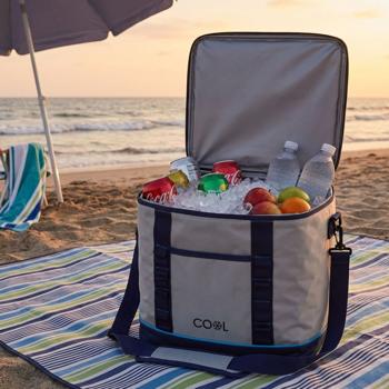 Preview: Sac isotherme 28 litres blanc/bleu – Sac isolant pliable avec isolation 6 mm, poignée et bandoulière – Glacière pratique pour excursions, plage et camping