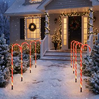Set d’ambiance de 8 sucres d’orge LED rouge-blanc – Bel éclairage de Noël et déco de jardin avec minuterie pour jardin, allées et balcon
