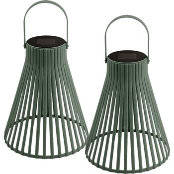 Preview: Set of 2 decorative LED solar lanterns for outdoor use, modern green garden lanterns with handle, slat-design solar lamp for balcony & terrace