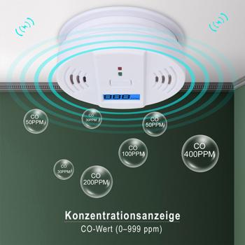 Preview: Kohlenmonoxid-Melder CO-Detektor mit LCD-Display, 85 dB Alarm, DIN EN5029 Zertifiziert, CO-Warner mit Speicherfunktion für Zuhause & Camping