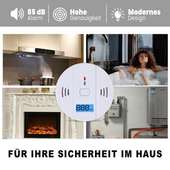 Preview: Kohlenmonoxid-Melder CO-Detektor mit LCD-Display, 85 dB Alarm, DIN EN5029 Zertifiziert, CO-Warner mit Speicherfunktion für Zuhause & Camping