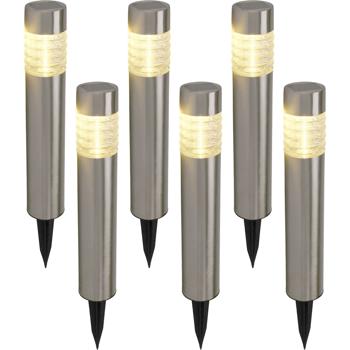 Preview: 6er-Set Solarleuchte aus Edelstahl: Gartenleuchte warmweiss mit Erdspiess, LED Aussenleuchte wetterfest - moderne Solarlampe für Garten