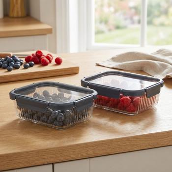 Set di 2 contenitori salva-freschezza in vetro borosilicato da 640 ml – Vetro zigrinato elegante con coperchio in plastica sicuro e chiusura a clip a 4 punti per una freschezza che dura a lungo