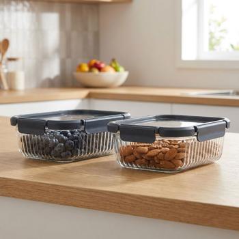 Preview: Set di 2 contenitori salva-freschezza in vetro borosilicato da 640 ml – Vetro zigrinato elegante con coperchio in plastica sicuro e chiusura a clip a 4 punti per una freschezza che dura a lungo