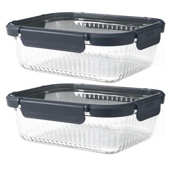 Preview: Set di 2 contenitori salva-freschezza in vetro borosilicato da 640 ml – Vetro zigrinato elegante con coperchio in plastica sicuro e chiusura a clip a 4 punti per una freschezza che dura a lungo