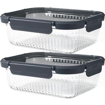 Preview: Set di 2 contenitori salva-freschezza in vetro borosilicato da 1480 ml – Elegante vetro zigrinato con coperchio in plastica sicuro e chiusura a clip a 4 punti per una freschezza duratura