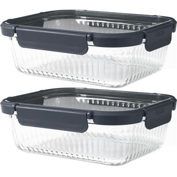 Preview: Set of 2 borosilicate glass food storage containers with 1040 ml – Elegant ribbed glass with secure plastic lid and 4‑way clip closure for long‑lasting freshness
