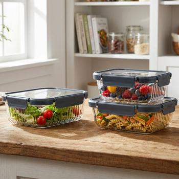 Preview: Borosilicate Glass Food Storage Container Set – 3 containers (640 ml, 1040 ml, 1480 ml) with ribbed glass, secure lid and 4-way clip closure for everything