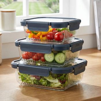 Borosilicate Glass Food Storage Container Set – 3 containers (640 ml, 1040 ml, 1480 ml) with ribbed glass, secure lid and 4-way clip closure for everything