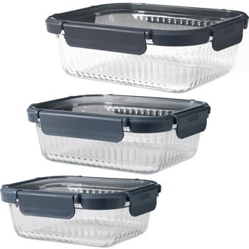 Preview: Borosilicate Glass Food Storage Container Set – 3 containers (640 ml, 1040 ml, 1480 ml) with ribbed glass, secure lid and 4-way clip closure for everything