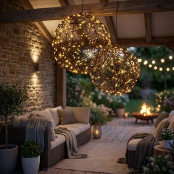 Preview: Set de 2 superbes boules lumineuses LED noires 18 cm & 25 cm : micro‑LED blanc chaud pour balcon & salon – sphères lumineuses avec timer & effet scintillant