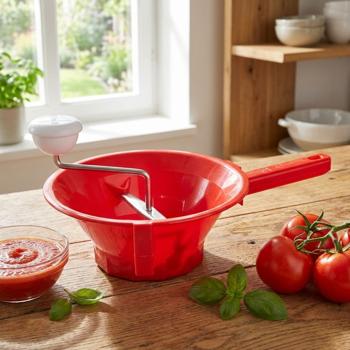 Robuste Gemüsemühle Ø26cm in Rot-Weiss mit 3 Sieben: Passiermühle ideal für Zubereitung von Saucen, feinem Püree und Babynahrung