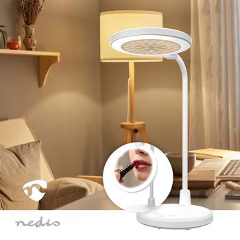 Preview: Elegante LED Schreibtischlampe mit Schminkspiegel & Akku, Weiss – Dimmbare Kosmetiklampe & Make-up Licht für Schminktisch & Büro, USB-C, 58.3cm