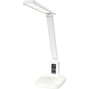 Preview: Aufladbare LED Schreibtischleuchte – Schicke Nachttischlampe mit Touch-Dimmer, Kalender, Raumtemperatur, Alarm & Uhr fürs Schlafzimmer & Büro