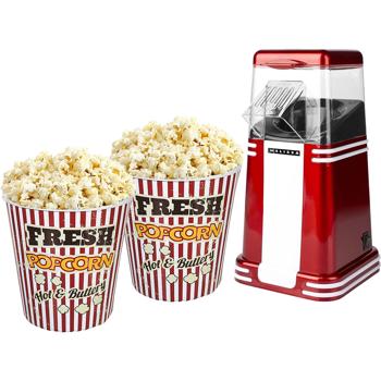 Retro hot‑air popcorn machine – red/white, aluminium / plastic, 15x29x17 cm, 2 cinema cups, popcorn maker, fast, easy, low‑fat