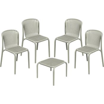 Preview: Set: 4 Stapelbare Gartenstühle und ein moderner Beistelltisch in Beige, Bauhaus-Optik - ergonomische Terrassenstühle & stabiler Gartentisch