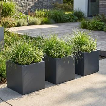 Lot de 3 pots de fleurs carrés 38 cm anthracite, bac de plantation 25L en plastique pour intérieur & extérieur, résistant au gel & aux UV, poids léger