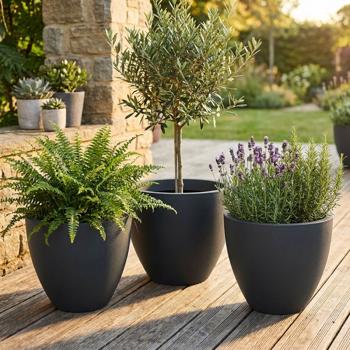 Set de 3 pots de fleurs ronds 38 cm, graphite – Grand contenant pour plantes pour l’extérieur et l’intérieur – Look moderne & design élégant pour jardin et terrasse