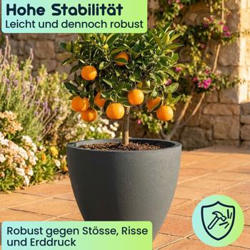Preview: 3er-Set Blumentopf Rund 38cm, Graphit – Grosses Pflanzgefäss für Aussen und Innen – Moderne Optik & Edles Design für Garten und Terrasse