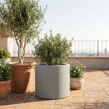 Preview: 2er-Set Moderner Blumentopf Rund Ø38cm in Beton-Grau, Pflanzkübel 19L aus Kunststoff für Innen & Aussen, Frostsicher & UV-Beständig, Leichtgewicht