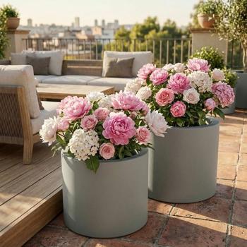 Lot de 2 pots de fleurs ronds modernes Ø38 cm gris béton, bac à plantes 19L en plastique pour intérieur & extérieur, résistant au gel & aux UV, léger