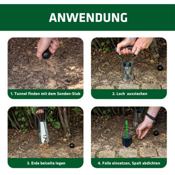 Preview: Effektives Wühlmausfallen 4er-Set mit Erdlochstecher & Sonden-Stab – Zuverlässige Tunnelfalle zur schnellen Nagerbekämpfung im Garten