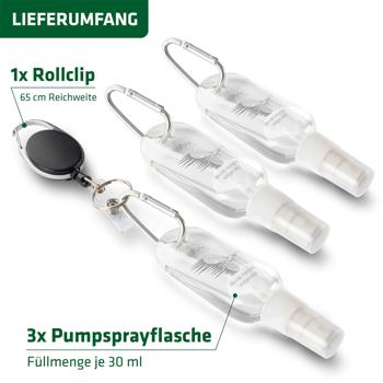 Preview: Wespenabwehr Sprühflasche 3er Set mit Karabiner & 65cm Abrollclip - Natürliche Wespenvertreibung ohne Chemie mit Wasser für unterwegs