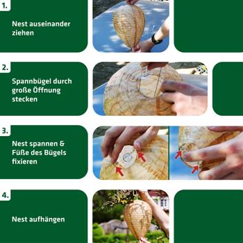 Preview: Wespennest Attrappe 4er-Set aus Papier - Natürliche Wespenabwehr ohne Chemie für Vordach, Terrasse, Carport und Pergola - Wespenschreck