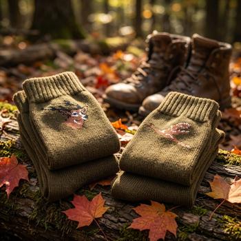 Preview: Lot de 3 chaussettes de chasse de haute qualité en kaki, taille 43/46 – avec motif cerf, motif canard & modèle uni – chaussettes respirantes et confortables pour la chasse & les activités outdoor